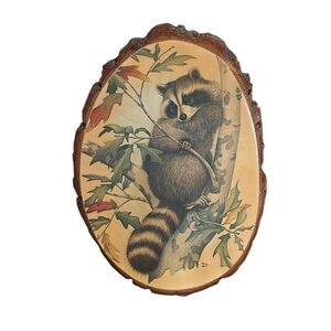 Rustic Raccoon Wall Art on Natural Wood Plaque
